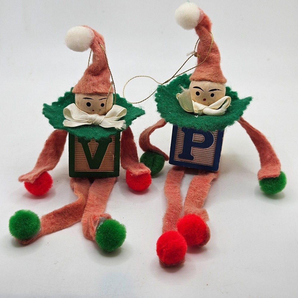 Vintage Christmas Pixie Elf Wood Alphabet Block Ornaments Lot of 2 Letters V & P